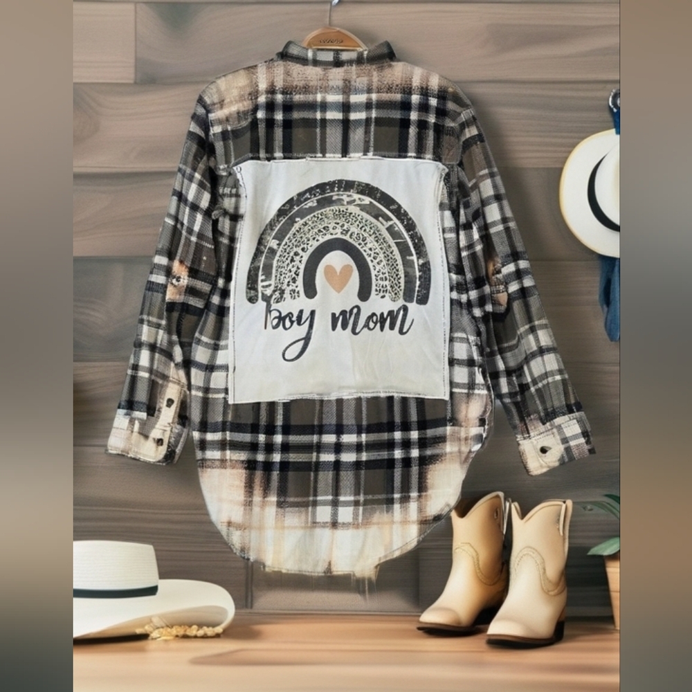 Upcycled BOY MOM distressed Flannel Shirt, One Of A Kind